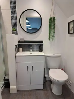 a bathroom with a white toilet and a mirror at Suffolk View Apartment in Tuddenham