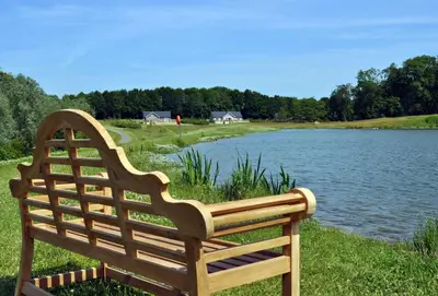 a wooden bench sitting next to a lake at Woodbell Lodge in Chappel