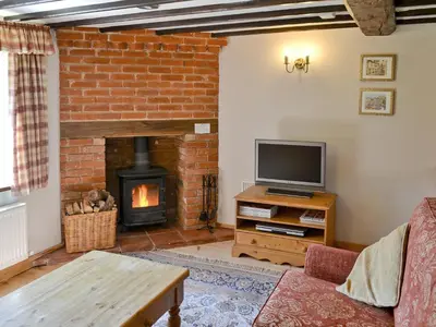 a living room with a fireplace and a tv at The Cottage in Great Ellingham