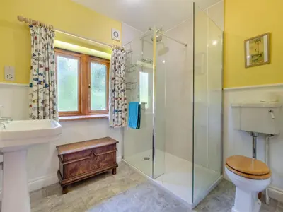 a bathroom with a shower and a toilet and a sink at St Mary's Chapel in New Buckenham
