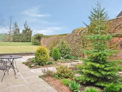 a garden with a table and a pine tree at The Lodge in Withersfield