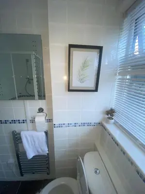 a bathroom with a toilet and a picture on the wall at Spacious 4 bedroom house in Billericay