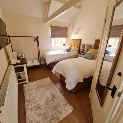 a small bedroom with two beds and a mirror at Kings Head in North Lopham