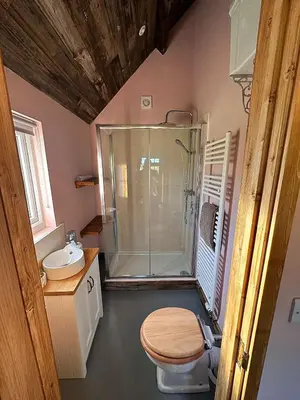 a bathroom with a shower and a toilet and a sink at Lake View Lodges The Melford in Long Melford