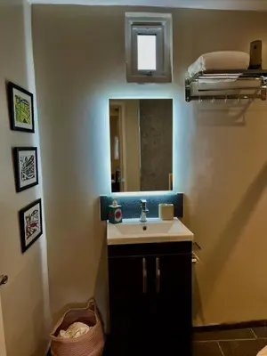 a bathroom with a sink and a mirror at Modern, Gr Floor 1 bed, bathroom, garden & private entry with Free Parking in Cambridge