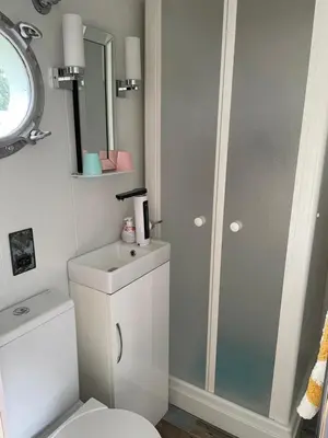 a bathroom with a toilet and a sink and a shower at Muffins Meadow Shepherds Hut in Tillingham