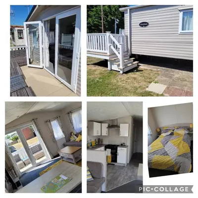a collage of pictures of a tiny house at FV006 NALONGOS HOLIDAY HOME in Saint Osyth