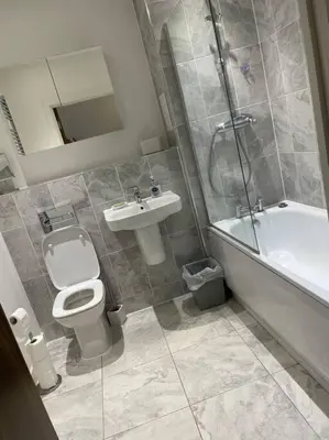 a bathroom with a toilet and a sink and a shower at Spacious Apartment in the Heart of Chelmsford in Chelmsford