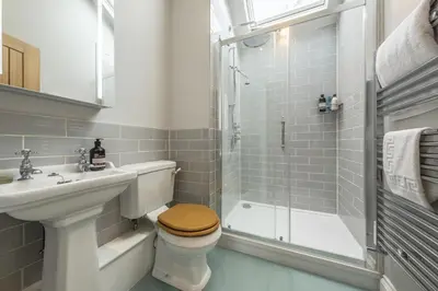 a bathroom with a toilet and a sink and a shower at Weavers Mark Cottage in Diss
