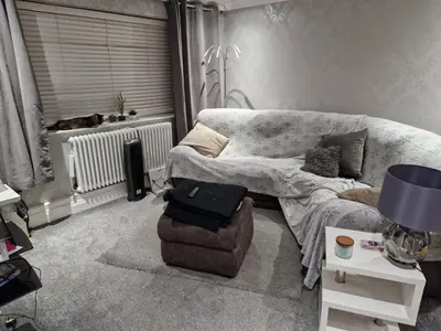 a living room with a couch and a cat in a window at Luxury on a Budget Chelmsford - B&B ROOM in a quiet family home in Chelmsford