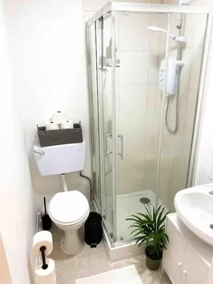 a bathroom with a shower and a toilet and a sink at Cozy studio near train station in Cambridge