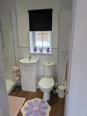 a bathroom with a toilet and a sink and a window at Colchester Town, modern, detached, guest house in Colchester