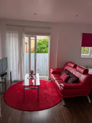 a living room with a red couch and a red rug at Colchester Town, modern, detached, guest house in Colchester