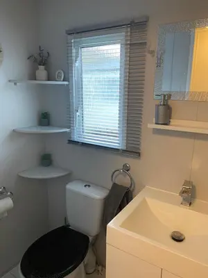 a bathroom with a toilet and a sink and a window at Cosy Caravan near the beach in Walton-on-the-Naze