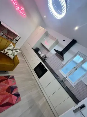 a view from above of a living room with a couch at Stylish Studio in Colchester