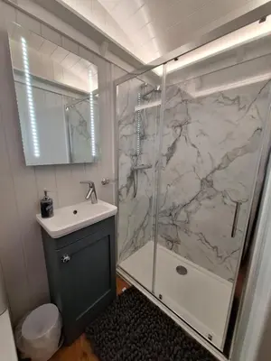 a bathroom with a shower and a sink and a showerspective at Whiskers and Woods Shepherd Hut in Denham