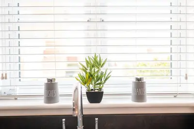 a window sill with two plants and a sink at 4 Bed, 3 Bath in Colchester - Business, Contractor and Leisure - Singles or Superkings - Disc0unts in Colchester
