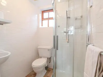a white bathroom with a toilet and a shower at Packway Barn in Halesworth