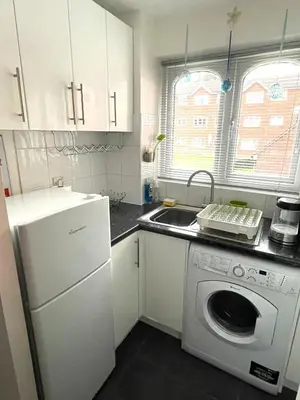 a kitchen with a washing machine and a sink at Beautiful Peaceful Studio Flat in Waltham Abbey