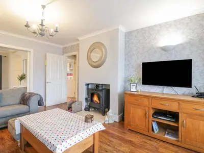 a living room with a television and a fireplace at Hide and Sleep in Walton-on-the-Naze