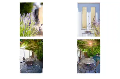 a collage of photos of a house with a table and flowers at Shoreline hideaway - next to the beach in Holland-on-Sea