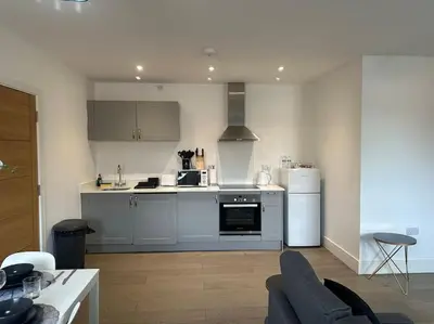 a kitchen with stainless steel appliances in a living room at Spacious, bright 2 bed flat with 1 S/king bed. in Brentwood