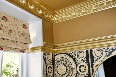 a room with a gold ceiling and a window with curtains at Luxury 2 Bed Manor House With Hot Tub, Cinema Room, Sky TV in Saffron Walden