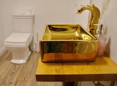 a bathroom with a gold sink and a toilet at Executive Suite with Private Hot Tub SkyTV in Saffron Walden