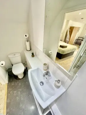 a bathroom with a sink and a toilet and a mirror at Studio - Sleeps 2 - Parking - Wifi in Cambridge