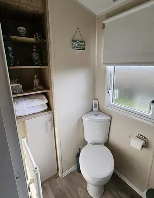 a small bathroom with a toilet and a window at Pura Vida Caravan in Saint Osyth