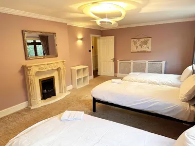 a bedroom with two beds and a fireplace at Emerson Park Mansion in Harold Wood