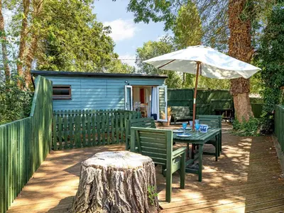 a table with an umbrella next to a shed at Island Lodge - Uk46767 in Little Baddow