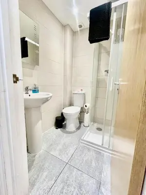 a bathroom with a toilet and a sink and a shower at 1 Bed Studio - Sleeps 2 - Parking - Wifi in Cambridge