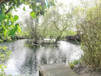 a river with a wooden boardwalk and trees on it at Wagtail Lodge in Langham