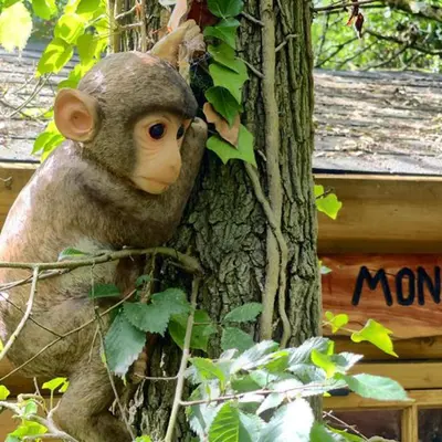 a stuffed monkey is clinging to a tree at Captivating 1-Bed Cabin in Newmarket in Newmarket