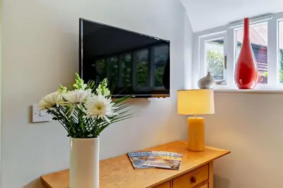 a vase of flowers on a table with a television at 1 Bed in Cratfield oc-t29434 in Cratfield