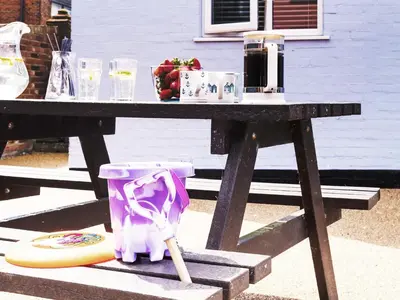 a picnic table with a frisbee and a drink at Cannon Corner by The Suffolk Cottage Collection in Aldeburgh