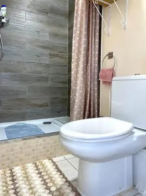 a bathroom with a toilet and a shower at 12 Penn Gardens Standard Room- 4 in Friern Barnet