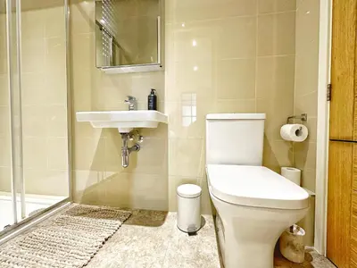 a bathroom with a toilet and a sink and a shower at Gwydir Street Stays in Cambridge