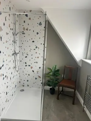 a bathroom with a shower and a chair and a plant at Trowel and Hammer Flat 1 in Cotton