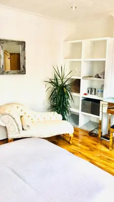 a living room with a bed and a couch at Number 14 in Ipswich