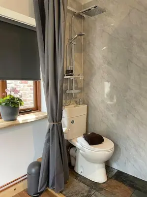 a bathroom with a shower and a toilet in a room at The old wash house in Denver