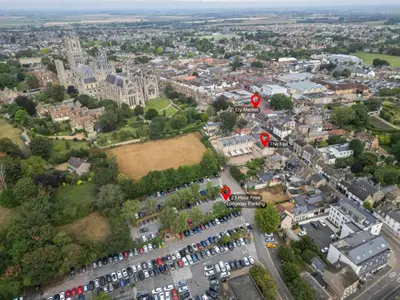 an aerial view of a city with buildings at Ely Stays Flat 1 in Ely