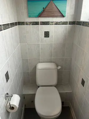 a bathroom with a toilet and a picture on the wall at Truehome Close to Stansted Airport in Harlow