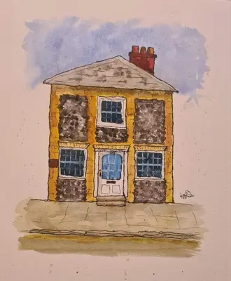 a drawing of a yellow house with a door at The Old Flint Bank Cottage in Harleston