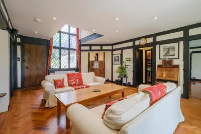 a living room with two couches and a coffee table at Mill House in Thorpeness