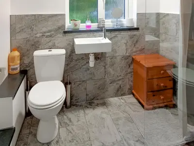 a bathroom with a toilet and a sink at Ivy Rose Cottage in Ipswich