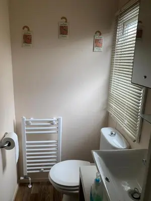 a bathroom with a white toilet and a sink at Lakeside Lodge Valencia 2 bedroom in Weeley