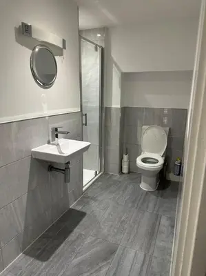 a bathroom with a toilet and a sink and a mirror at 1 bed spacious flat in Essex in Brentwood