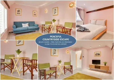 a collage of photos of a hotel room at Host My Nest - Historic 1BR 20 Mins to Stansted in Sawbridgeworth